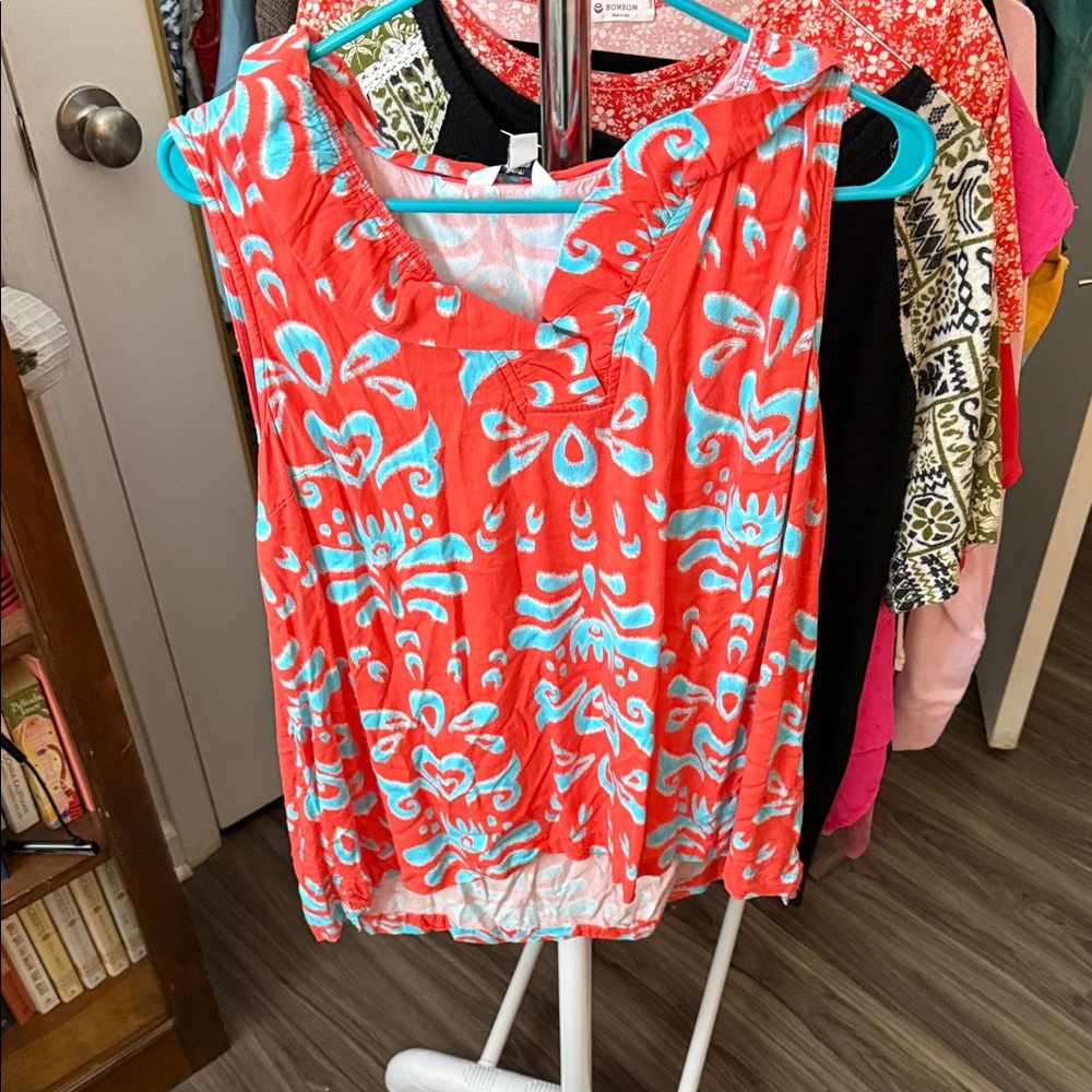 Crown & Ivy Coral and Blue Patterned Blouse